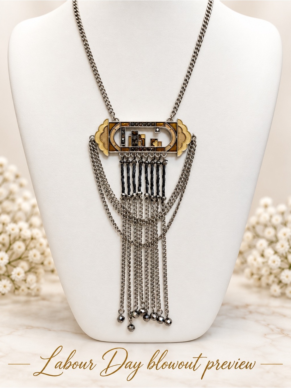 Art Deco Inspired Enamelled Two-Tone Fringe Pendant Necklace - Gold & Silver